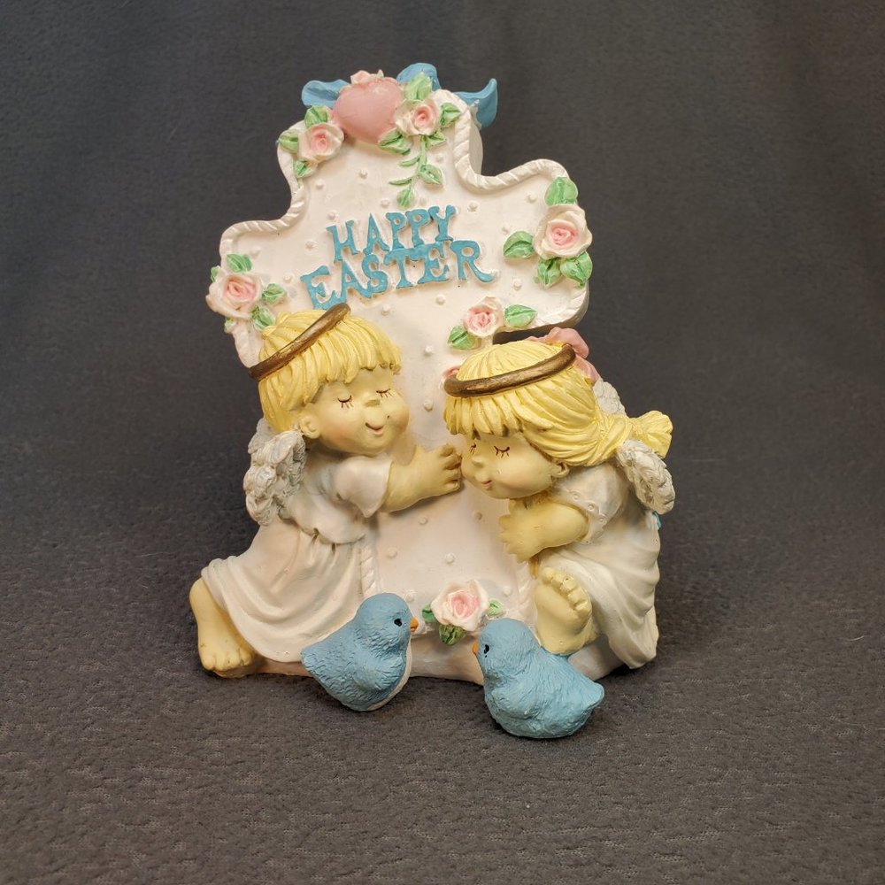 Vintage "Happy Easter" Figurine. Angels Hugging Cross. Seasonal Decor. 1990's